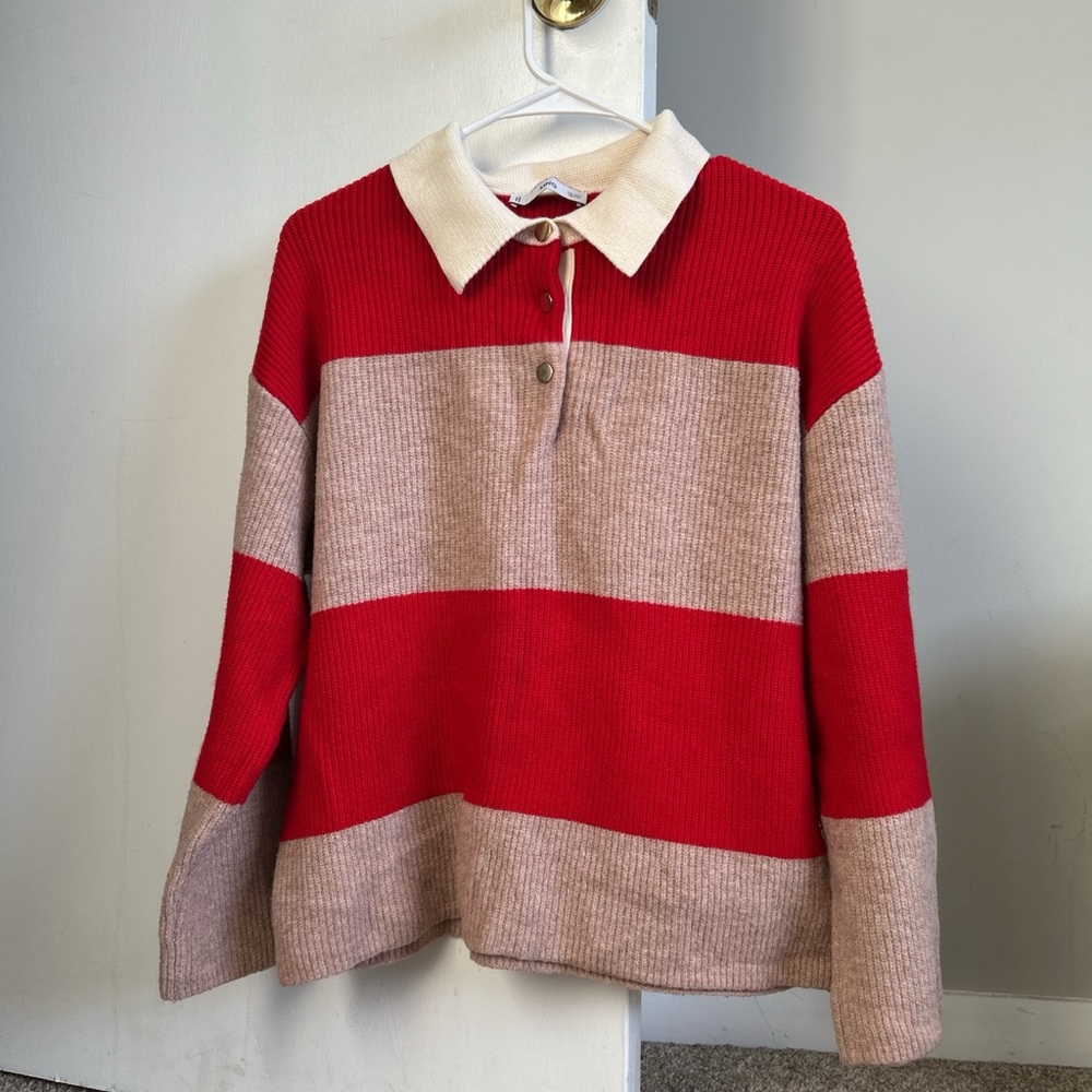 Mango Red and Tan Striped Women's Sweater